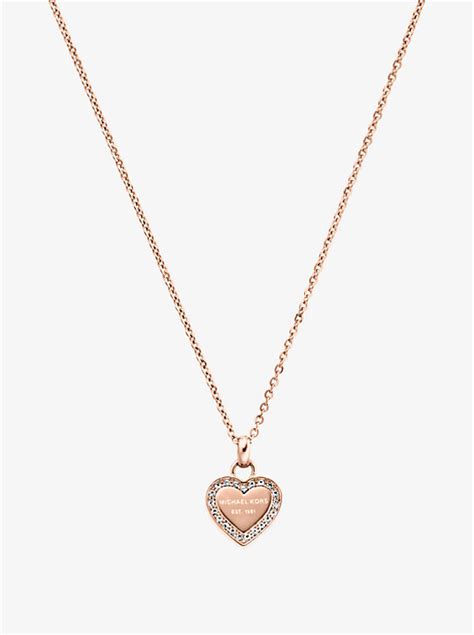 michael kors pavé rose gold tone heart charm necklace|Precious Metal.